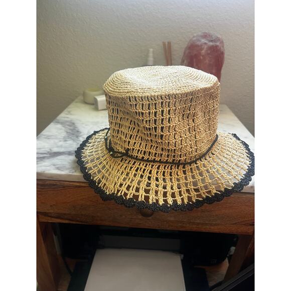 Cream Crochet Sun Hat with Black Trim - Women\'s Beach Hat main image 5